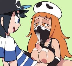 1boy 1girls 2019 bandana big_breasts big_penis black_hair blue_and_white blue_eyes breasts breasts_out cloth_over_mouth cum cum_on_breasts cum_on_clothes cum_on_mask ejaculation elio_(pokemon) erection eyelashes eyes female female_team_skull_grunt half-closed_eyes hat headwear highres large_breasts long_hair long_orange_hair looking_at_penis looking_down male mask matching_hair/eyes miscon mouth_covered nervous_smile nintendo nipples oral orange_eyes orange_hair paizuri penis pokemon pokemon_sm shirt short_hair short_sleeves simple_background skull_hat smile snapback straight striped striped_shirt t-shirt tank_top tank_top_lift team_skull team_skull_grunt team_skull_grunt_(female)