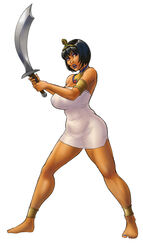 big_breasts black_hair blue_lipstick bob_cut egyptian eyeshadow female full_body legend_of_queen_opala lipstick queen_opala sanny see-through short_hair solo sword tan_skin weapon