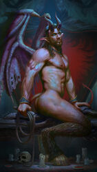 1boy abs amulet armpit_hair ass beard big_ass blood brown_hair candles chensart choker dark_hair demon demon_boy demon_horns demon_tail demon_wings detailed_background dragon_wings facial_hair glowing_eyes goat hairy_legs hooves horns incubus long_hair looking_at_viewer male male_only muscular necklace nipples no_pupils nude pecs pointy_ears pointy_tail seductive sitting skull solo tail tattoo turquoise_eyes vascular whip wings wrist_cuffs