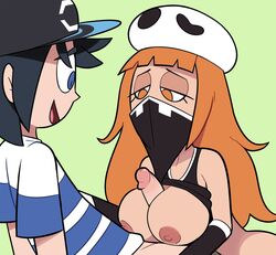 1boy 1girls 2019 big_breasts big_penis black_hair blue_eyes bottomless breasts elio_(pokemon) erection female female_team_skull_grunt half-closed_eyes hat long_hair long_orange_hair male mask miscon nintendo nipples orange_eyes orange_hair paizuri penis pokemon pokemon_sm shirt short_hair simple_background smile straight team_skull team_skull_grunt team_skull_grunt_(female)