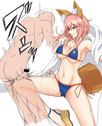 artist_request ballbusting big_breasts blue_bikini blue_bow cat_ears censored cock_and_ball_torture fate/grand_order fate_(series) golden_eyes hairbow huge_breasts kick kick_in_the_balls kicking large_breasts pink_hair tamamo_no_mae_(fate) twintails