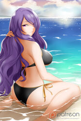 1girls alfred_cullado ass ass_cleavage bikini black_bikini black_ribbon black_swimsuit breasts butt_crack camilla_(fire_emblem) cloud day erect_nipples erect_nipples_under_clothes eyebrows_visible_through_hair eyes_visible_through_hair female fire_emblem fire_emblem_fates hair_over_one_eye hand_in_hair high_resolution large_breasts long_hair looking_at_viewer looking_back nipples ocean outdoors patreon_logo pokies posterior_cleavage purple_hair ribbon side-tie_bikini sideboob sitting smile solo swimsuit underboob very_long_hair wariza water watermark yellow_ribbon