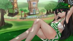 1girls armpits beeism black_hair blackvalk bra building cleavage crown detailed_background eternalrainbows eyebrows_visible_through_hair fedora female female_only grass green_clothing green_eyes long_hair pale-skinned_female pale_skin roblox roblox_avatar sitting smile solo solo_female sparkle_time_fedora striped_topwear thighs tree trees valkyrie_helm white_bra