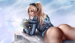 1girls 2d ass blonde blonde_hair bodysuit bottomless breasts female female_only looking_at_viewer looking_back nova_(starcraft) only_female perfect_body prywinko pussy skin_tight solo starcraft starcraft_2 starcraft_ghost tight_clothing uncensored