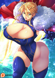 1girls artoria_pendragon artoria_pendragon_(lancer) blonde_hair breasts cape circlet cleavage fate/grand_order fate_(series) female gloves green_eyes haganef huge_breasts nipple_bulge solo thighhighs tight_clothing wide_hips