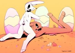 2019 anthro ass back blush bow_tie brown_fur candy chocolate_bunny duo easter easter_egg egg erection food fur handjob hare hi_res holidays humanoid_penis lagomorph leporid male mammal nude open_mouth paws penis rabbit sex simple_background smile testicles tigertooth yaoi