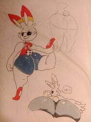 1girls 69_(number) anthro anthrofied ass big_ears black_sclera bottom_heavy chubby clothed feet female furry huge_ass leg_up long_ears looking_at_viewer looking_back meow_fuck nintendo orange_fur partially_colored photo pokemon pokemon_ss scorbunny shorts sketch spread_legs stretching text thick_thighs white_fur wide_hips