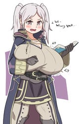 1girls alternate_breast_size big_breasts book breast_expansion breasts coat english_text expansion female fire_emblem fire_emblem_awakening gloves grey_eyes grey_hair highres huge_breasts large_breasts nintendo open_mouth robin_(fire_emblem) robin_(fire_emblem)_(female) sakanadaze solo spell twintails