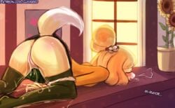 2020 after_masturbation animal_crossing ass blonde_fur blush closed_eyes clothed_female clothing desk drooling english_text exposed_pussy fantasizing furry isabelle_(animal_crossing) lumineko masturbation nintendo panties panties_around_leg ponytail pussy pussy_juice pussy_juice_drip pussy_juice_puddle skirt solo solo_female sweat tail thighhighs tongue tongue_out top-down_bottom-up visible_breath