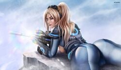 ass bodysuit breasts breasts_out cameltoe looking_at_viewer looking_back nova_(starcraft) prywinko skin_tight starcraft starcraft_2 starcraft_ghost text tight_clothing