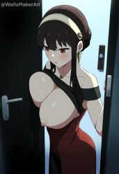 1girls ai_generated breasts breasts breasts_out cheating cheating_wife door dress embarrassed female huge_breasts looking_down nipples opening_door pov spy_x_family tits_out waifumakerart yor_briar yor_forger