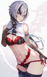 1girls 2d 2d_(artwork) arlecchino_(genshin_impact) belly_button big_breasts black_bra black_eyes black_hair black_thong black_underwear bra cleavage fatui female female_focus female_only front_view genshin_impact hourglass_figure hoyoverse light-skinned_female light_skin long_hair looking_at_viewer mature_female mature_male mihoyo navel paitayu red_bra red_eyes red_thong red_underwear simple_background slim_girl solo solo_female solo_focus standing thong two_tone_hair two_tone_underwear underwear white_background white_hair