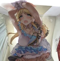 1boy against_wall bad_id bad_pixiv_id beyond_the_bluesky_(idolmaster) blonde_hair blue_eyes blush breasts changing_room dress dress_shirt female female_pubic_hair frilled_dress frills from_below gloves hachimiya_meguru hamedoragon hands_on_another's_hips idol_clothes idolmaster idolmaster_shiny_colors large_breasts long_hair open_mouth out-of-frame_censoring producer_(idolmaster) pubic_hair sex sex_from_behind shirt sleeveless sleeveless_dress sweat twintails white_dress white_gloves white_shirt
