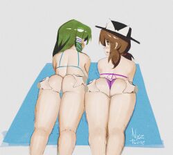 2girls artist_name ass back_view backboob bikini blush brown_hair dat_ass disembodied_hands grabbing_ass green_hair hat light-skinned_female long_hair looking_back massage nyztsune sanae_kochiya sumireko_usami thick_thighs thighs touhou watermark