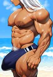 abs ai_generated ambush_(trap) balls ballsack beach bulge dark-skinned_male dark_nipples dark_skin erection erection_under_clothes gloopai large_bulge large_pecs large_pectorals male male_only miruko muscular muscular_arms muscular_legs muscular_male my_hero_academia nai_diffusion pecs pectorals penis penis_bulge pubic_hair rule_63 rumi_usagiyama solo solo_focus solo_male steam steaming_body sweat sweatdrop sweating testicles vein veins veiny veiny_arms veiny_muscles white_hair