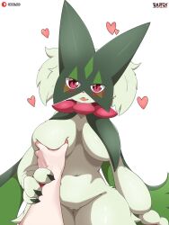 3:4 absurd_res ambiguous_gender anthro biped blush breast_grab breasts duo female front_view generation_9_pokemon genitals hand_on_breast heart_symbol hi_res human mammal meowscarada navel nintendo pokemon pokemon_(species) pupils pussy red_eyes sarox slit_pupils