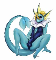 2016 absurd_res anthro anthrofied anus_outline arm_support ass balls_outline blonde_hair blush blush_lines bulge clothed clothing detailed_bulge eeveelution erection erection_under_clothing femboy fin frill_(anatomy) front_view full-length_portrait generation_1_pokemon genital_outline glistening glistening_hair hair head_fin hi_res kyma long_tail looking_at_viewer male male_anthro marine neck_frill nintendo nipple_outline one-piece_swimsuit open_mouth penis_outline plantigrade pokemon pokemon_(species) pokemorph portrait presenting_bulge presenting_crotch purple_eyes raised_tail short_hair simple_background sitting solo spread_legs spreading swimwear tail tight_clothing vaporeon white_background