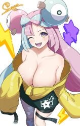 1girls alternate_breast_size big_breasts blush breasts cyan_hair female hi_res huge_breasts iono_(pokemon) large_breasts looking_at_viewer one_eye_closed open_mouth pink_hair pokemon pokemon_sv purple_eyes smile solo surippa1010 white_background wink winking winking_at_viewer