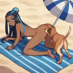 1girls ai_generated all_fours beach blue_eyes breasts canine dark-skinned_female dark_skin dog domestic_dog female feral gym_leader human interspecies nessa_(pokemon) nintendo pokemon solo_female tagme userisbad zoophilia