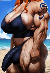 ai_generated areola areola_slip areolae areolae_slip arm_hair armpit_hair beach body_hair breasts bulge covered_nipples dark_nipples futa_only futanari gloopai hairy hairy_arms hairy_legs head_out_of_frame huge_breasts huge_nipples large_areolae large_bulge leg_hair muscular muscular_futanari nai_diffusion nami nipple_bulge nipples_visible_through_clothing one_piece orange_hair penis penis_bulge post-timeskip pubic_hair stain standing sweat sweatdrop sweating tan_body tan_skin tanline tanned tanned_skin testicles