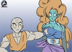 1boy 1girls alien alternate_breast_size artdefox big_breasts bouncing_breasts breast_grab breasts color dragon_ball dragon_ball_z grabbing green_skin groping hands_on_breasts highres huge_breasts krillin kuririn large_breasts nipples nipples_visible_through_clothing straight wink zangya