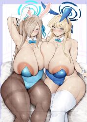 2girls alternate_version_available areola_slip asuna_(blue_archive) asuna_(bunny)_(blue_archive) asuna_(bunny_girl)_(blue_archive) blue_archive blue_eyes blush bowtie breasts bunnysuit bursting_breasts busty curvaceous curvy curvy_body curvy_female curvy_figure detached_collar fake_animal_ears female female_only heart-shaped_pupils huge_breasts kurotama leotard long_hair looking_at_viewer mole multiple_girls pantyhose plump solo standing text thick_thighs toki_(blue_archive) toki_(bunny)_(blue_archive) venus_body voluptuous wide_hips yellow_hair