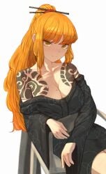 1girls big_breasts cleavage freckles ginger ginger_hair green_eyes ishmael_(limbus_company) kimono limbus_company long_hair orange_hair project_moon sitting tattoo tattoos