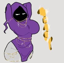 1girls arms_behind_head big_breasts eggsamiich female gold_(metal) gold_jewelry grey_background grey_body grey_skin hooded hooded_robe jewelry meme purple_clothing purple_robe shadow_wizard_money_gang side_ass solo_female tagme text white_background white_body white_skin wizard wizard_robe