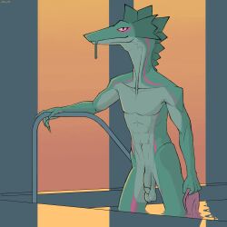 anthro athletic athletic_male balls claw_fingers clothing countershade_crotch countershade_hands countershade_torso countershading flaccid frill_(anatomy) genitals hi_res holding_clothing holding_object holding_railing holding_swimwear humanoid_genitalia liz_(nsfw) lizard looking_at_viewer male nude penis pool reptile saggy_balls scalie solo sunset swimwear vein veiny_penis wet wet_body