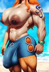 ai_generated areola areolae arm_hair armpit_hair beach body_hair breasts bulge dark_nipples futa_only futanari gloopai hairy hairy_arms hairy_legs head_out_of_frame huge_breasts huge_nipples large_areolae large_bulge leg_hair muscular muscular_futanari nai_diffusion nami nipple_piercing one_piece orange_hair penis penis_bulge pierced_nipples piercing post-timeskip pubic_hair stain standing sweat sweatdrop sweating tan_body tan_skin tanline tanned tanned_skin testicles