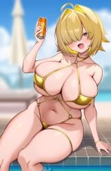 :3 :d ahoge bikini blonde_hair breasts can choker curvy cute_fang elegg_(nikke) eyepatch_bikini female goddess_of_victory:_nikke gold_bikini hair_intakes half-closed_eyes highres holding holding_can huge_breasts huge_thighs kaptivate large_breasts navel open_mouth shiny shiny_skin short_hair sitting skin_fang skindentation smile soda_can solo stomach swimming_pool swimsuit thick_thighs thigh_strap thighs wide_hips