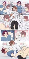 1boy 1girls bigger_male blush brown_eyes brown_hair caede17223 chubby chubby_male comic for_science! gentle_femdom glasses gloves good_boy labcoat malesub medical original original_character red_hair riding scientist small_dom_big_sub smaller_female vial