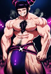 ai_generated ambush_(trap) angry body_hair bulge clenched_hand erection erection_under_clothes gloopai grin hairy hairy_arms hairy_chest hairy_legs hairy_male huge_cock juri_han large_bulge large_pectorals large_penis looking_at_viewer muscular muscular_male nai_diffusion navel_hair nipple_piercing nipples pecs pectorals penis penis_bulge penis_under_clothes pubic_hair rule_63 smirk smug steam steaming_body street_fighter sweat sweatdrop sweating thick_penis