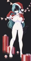 akeno_(itsnafulol) alternate_species anthro big_breasts black_body black_fur blue_hair bottomwear breasts christmas christmas_clothing christmas_headwear cleavage clothed clothing costume delphox female foke.s fur furrification generation_6_pokemon gift hair hair_over_eye hat headgear headwear hi_res holidays long_hair nintendo nipple_outline nude one_eye_obstructed pokemon pokemon_(species) purple_eyes santa_costume santa_hat smile solo thick_thighs white_body white_fur wide_hips