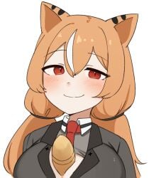 animal_ears big_breasts blush bowtie cat_ears cleavage clothed clothing daebom female large_breasts long_hair looking_at_viewer low_twintails necktie object_between_breasts orange_hair paizuri patreon pigtails red_eyes smile sturmtiger tagme titfuck titjob transparent_background war_thunder