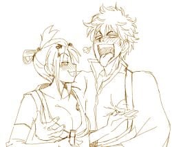 1boy 1girls alcohol big_breasts blush breast_grab chonmage cleavage doodle drunk female female_pervert gintama gintoki_sakata hand_on_breast isami_meena male monochrome nipple_pinch nipple_tweak pervert sketch smile tied_hair tongue_out tsukuyo upper_body