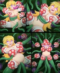 aroused aroused_face blonde blonde_female blonde_hair bondage bound comic hypnosis hypnotized inflated_belly lazzysin mario_(series) mushroom nipples piranha_plant plant plant_girl plant_sex plant_transformation princess_peach seedbed super_mario_bros. tagme transformation