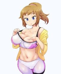 1girls abubu animated areola_slip bike_shorts blue_eyes breast_grab breast_squeeze breasts brown_hair cameltoe cleavage erect_nipples_under_clothes female gundam gundam_build_fighters gundam_build_fighters_try hoshino_fumina large_breasts no_sound ponytail shorter_than_10_seconds shorter_than_30_seconds shorts solo sweat tank_top video