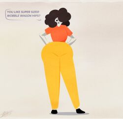 1girls afro artist_signature big_hips black_hair dialogue english_text hands_on_hips hi_res lineless long_legs minimalist mob_face one_eye_obstructed original simple_background sparks_spectrum t-shirt wide_hips