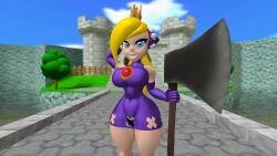 1girls 3d 3d_(artwork) axe big_breasts big_thighs black_thong blonde_hair blue_eyes breasts brooch clothed clothing crown curvy dress elbow_gloves female female_only gloves hair_over_one_eye hand_behind_head holding_axe kabalmystic kabalmystic_(style) light-skinned_female light_skin lips looking_at_viewer mario_(series) minidress nintendo outdoors purple_dress purple_gloves sleeveless sleeveless_dress smile solo thhypercombine12 thick thick_hips thick_thighs thighs thong wapeach wide_hips