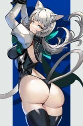 arms_up ass ass_focus back_cutout big_ass big_breasts bondage bound bound_wrists cat_ears cat_tail closed_mouth female frown genshin_impact gray_hair large_breasts looking_back lynette_(genshin_impact) sideboob solo standing tagme tagme_(artist) thighhighs thong