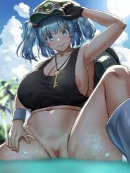 areola_slip big_breasts blue_eyes blue_hair breasts hat inui_(shirakawa777) nitori_kawashiro partially_nude pussy smile touhou visible_nipples visible_pussy