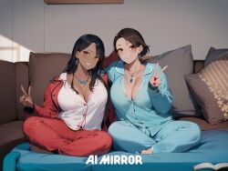 2girls ai_generated bedroom large_breasts looking_at_viewer pyjamas v_sign