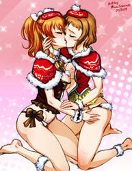 2girls areolae artist_name breasts christmas clothing curvy dated duo exposed_breasts female female_only hair kira_tsubasa kissing kousaka_honoka love_live! love_live!_school_idol_project minacream multiple_girls nipples orange_hair panties yuri