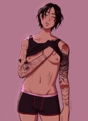 2d 2d_(artwork) black_hair black_tank_top black_underwear boxer_briefs butch goth_girl heartstrings_(series) masculine masculine_female petite pierced_ear pierced_eyebrow pierced_lip pierced_nipples pierced_nose piercings punk_girl ro_cambria_(heartstrings) short_hair small_breasts solo solo_focus spice_aisle tank_top tank_top_lift tattoo_on_belly tattoo_on_breast tattoo_on_chest tattooed_arm tattooed_arms tattoos tomboy toned_belly toned_body toned_female toned_stomach