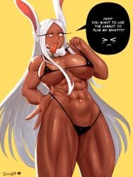 >_< :o abs animal_ears areola_slip artist_name bikini black_bikini blush boku_no_hero_academia breasts carrot cleavage commission covered_nipples dark-skinned_female dark_skin english_commentary english_text female food_in_mouth fur_collar hand_on_own_hip highres large_breasts long_eyelashes long_hair looking_at_viewer micro_bikini mirko miruko muscular muscular_female my_hero_academia nail_polish navel o-ring o-ring_bottom parted_bangs pulling_own_clothes rabbit_ears rabbit_girl raised_eyebrow red_eyes rumi_usagiyama shibarinsfw shibbunny skindentation solo stomach strap_pull sweat swimsuit teeth thick_thighs thighs upper_teeth_only very_long_hair white_hair white_nails yellow_background