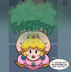 ass blonde_hair blush_stickers clothing comic crown dress earrings english_language english_text fart fart_cloud fart_fetish farting female female_only gloves headwear jewelry long_hair mario_(series) meltstoplock open_mouth paper_mario paper_mario:_the_thousand-year_door paper_peach pink_dress princess_peach puffy_short_sleeves puffy_sleeves short_sleeves solo speech_bubble sweatdrop text wc