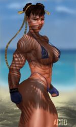 abs acod bikini breasts brown_eyes brown_hair busty capcom chun-li cleavage female fingerless_gloves gloves large_breasts looking_at_viewer muscles muscular muscular_female navel solo street_fighter thong