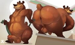 abstract_background absurd_res anthro anus ass backsack balls bear bent_over big_balls big_butt big_penis boog_(open_season) brown_bear brown_body funny genitals glans grin grizzly_bear hi_res holding_object holding_towel humor jumpy_jackal looking_at_viewer looking_back male mammal open_season penis perineum presenting presenting_anus presenting_hindquarters pubes short_tail smile solo standing tail teeth towel ursine