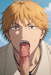 ai_generated chainsaw_man cock cum_in_mouth cum_in_tongue denji_(chainsaw_man) dick erection fellatio gay male male/male male_focus male_only open_mouth oral oral_sex orange_eyes orange_hair penis tongue tongue_out yaoi